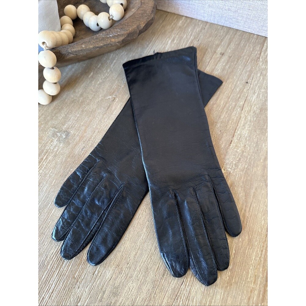 Vintage Fownes Black Genuine Leather Mid Length Dress Gloves Size 7 Lined